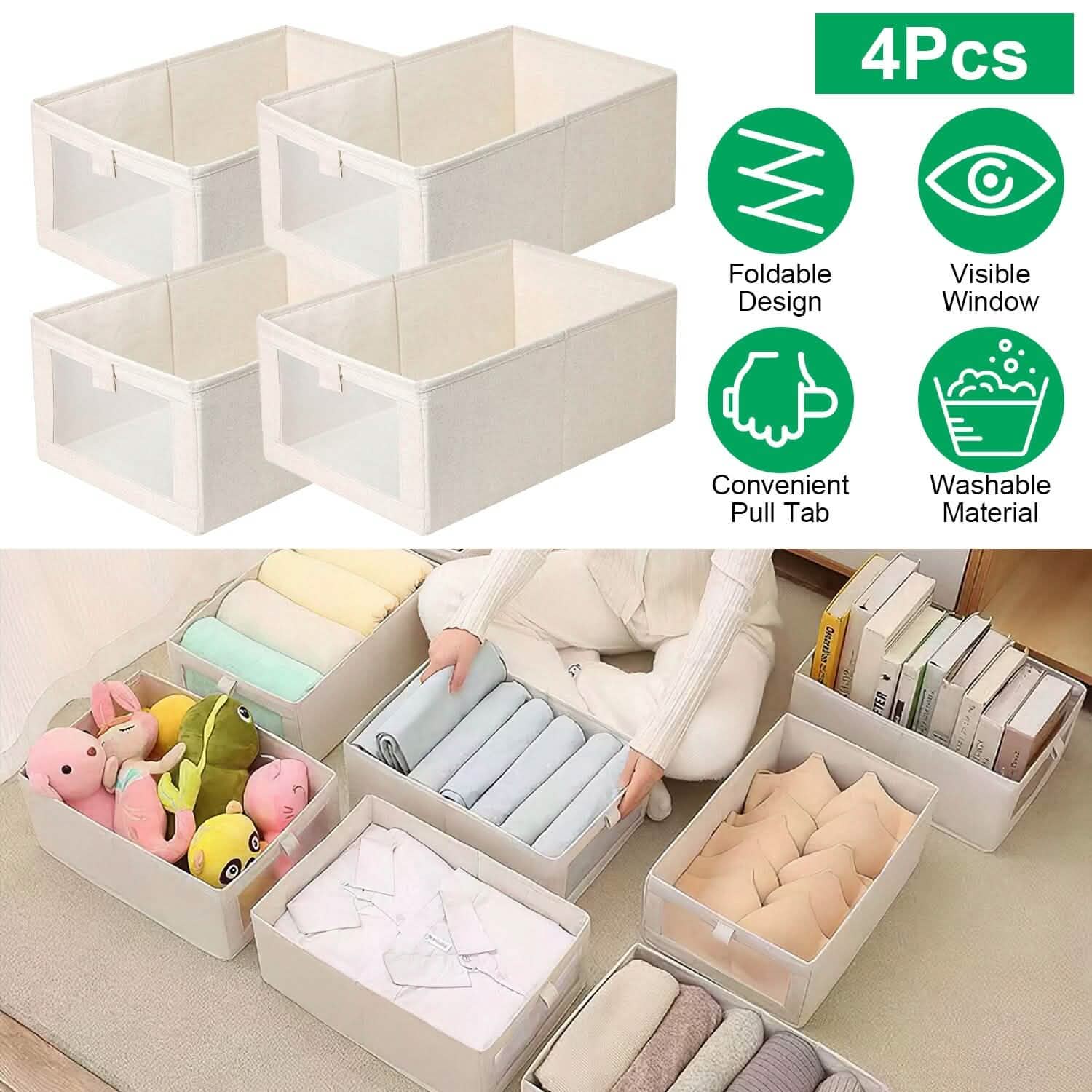 4-Pieces: Foldable Linen Clothing Storage Bin with Visible Clear Window DailySale