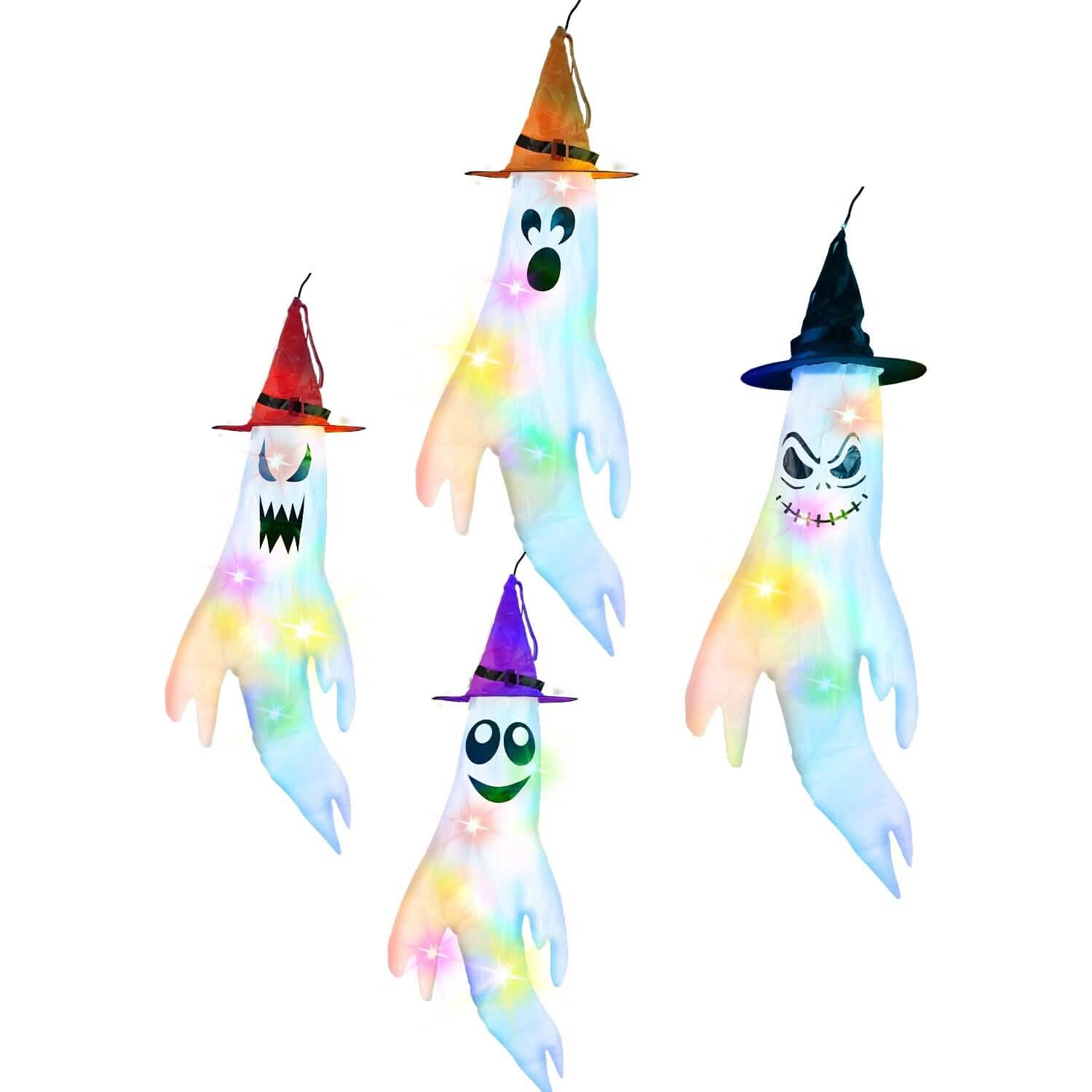 4-Pieces: Halloween Ghosts with Witch Hats Windsocks Hanging Decoration with Colorful LED Light DailySale