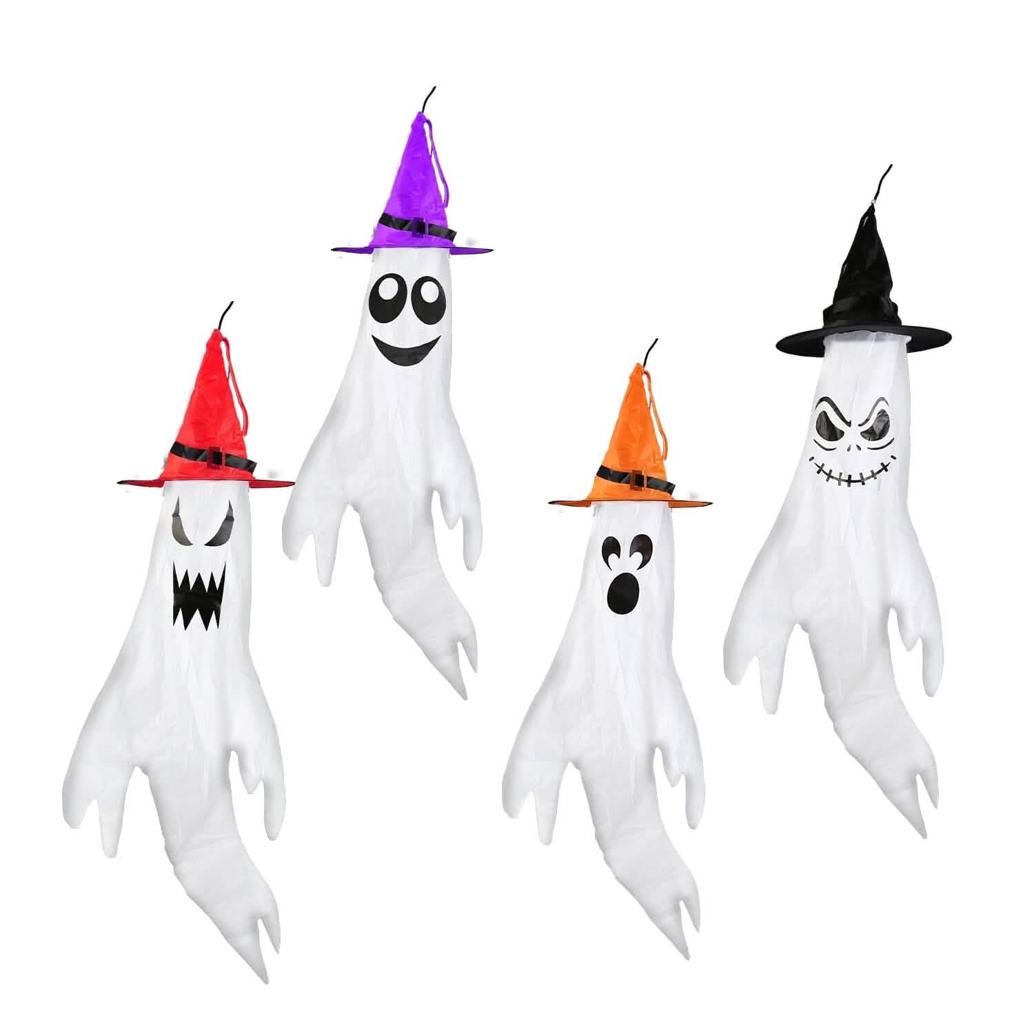 4-Pieces: Halloween Ghosts with Witch Hats Windsocks Hanging Decoration with Colorful LED Light DailySale