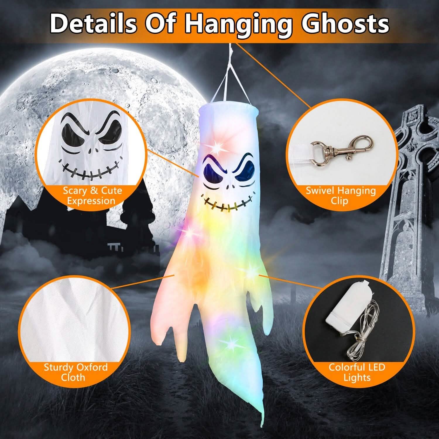 4-Pieces: Halloween Ghosts with Witch Hats Windsocks Hanging Decoration with Colorful LED Light DailySale