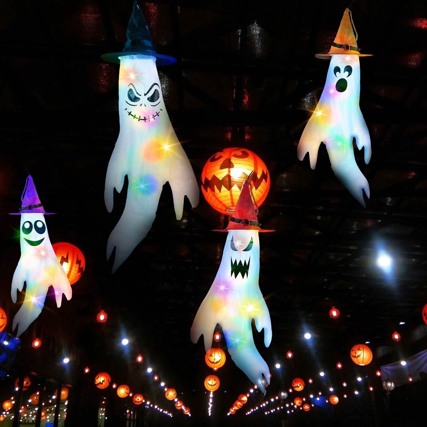 4-Pieces: Halloween Ghosts with Witch Hats Windsocks Hanging Decoration with Colorful LED Light DailySale