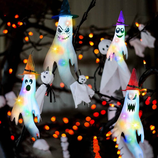 4-Pieces: Halloween Ghosts with Witch Hats Windsocks Hanging Decoration with Colorful LED Light DailySale
