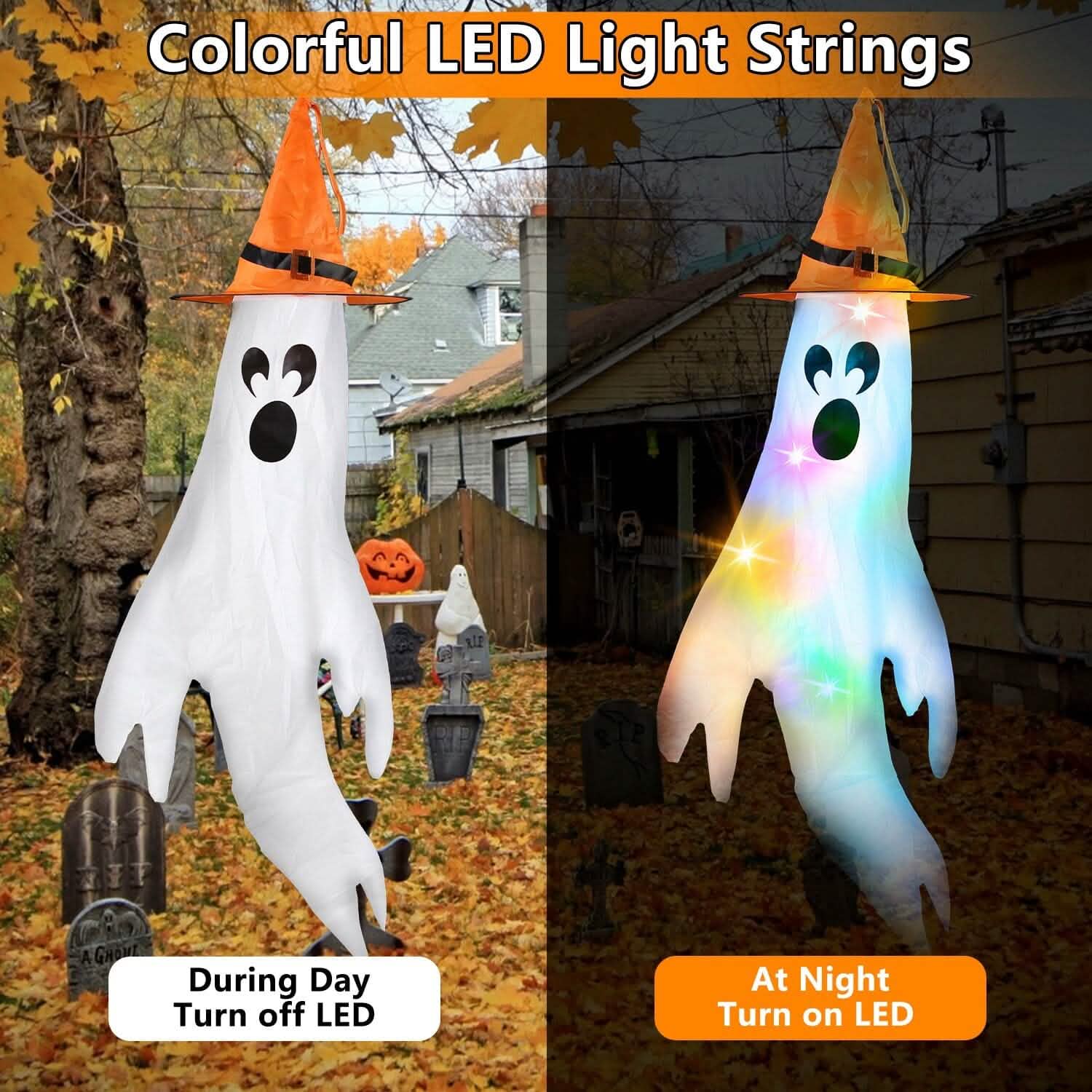 4-Pieces: Halloween Ghosts with Witch Hats Windsocks Hanging Decoration with Colorful LED Light DailySale