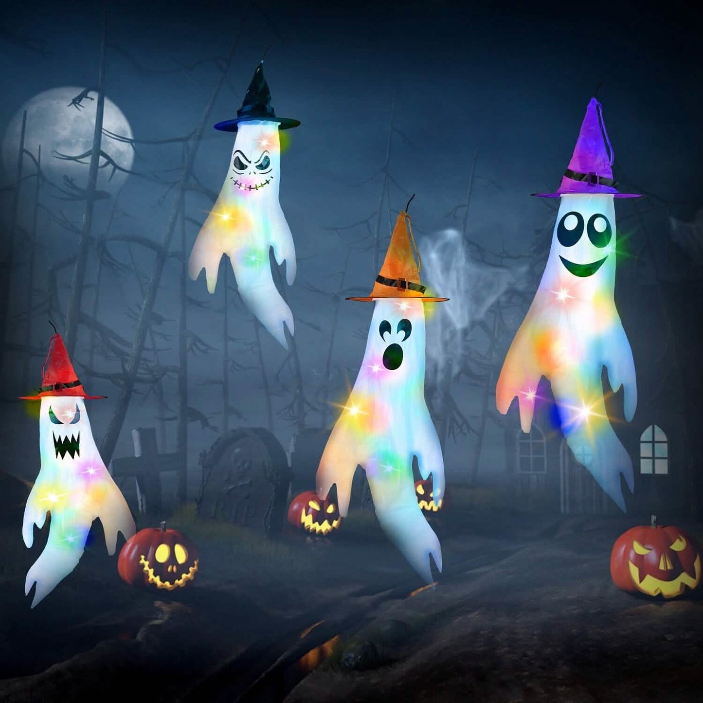 4-Pieces: Halloween Ghosts with Witch Hats Windsocks Hanging Decoration with Colorful LED Light DailySale