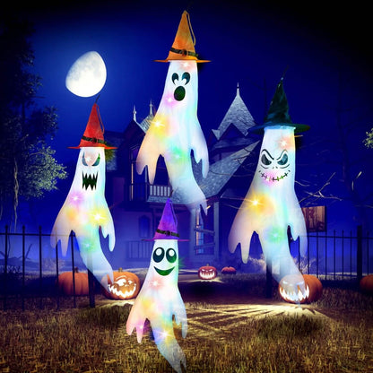 4-Pieces: Halloween Ghosts with Witch Hats Windsocks Hanging Decoration with Colorful LED Light DailySale