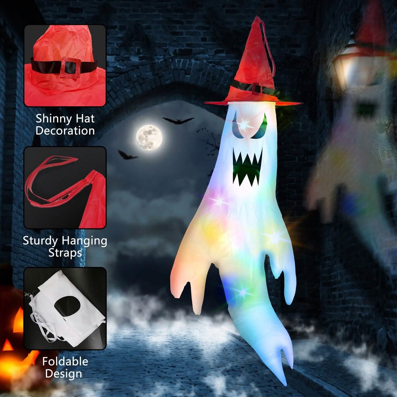 4-Pieces: Halloween Ghosts with Witch Hats Windsocks Hanging Decoration with Colorful LED Light DailySale