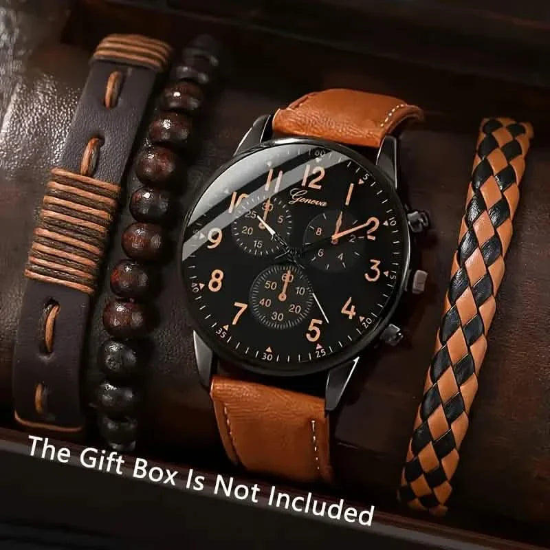 4-Pieces: Men's Fashion Brown Faux Leather Quartz Watch & Bracelet Set DailySale