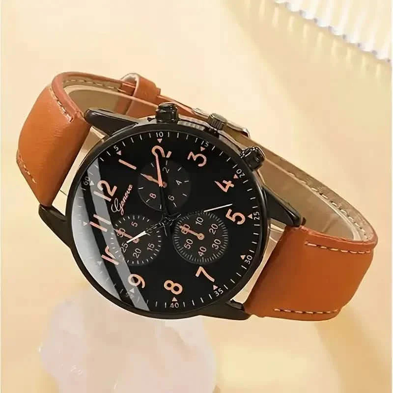 4-Pieces: Men's Fashion Brown Faux Leather Quartz Watch & Bracelet Set DailySale