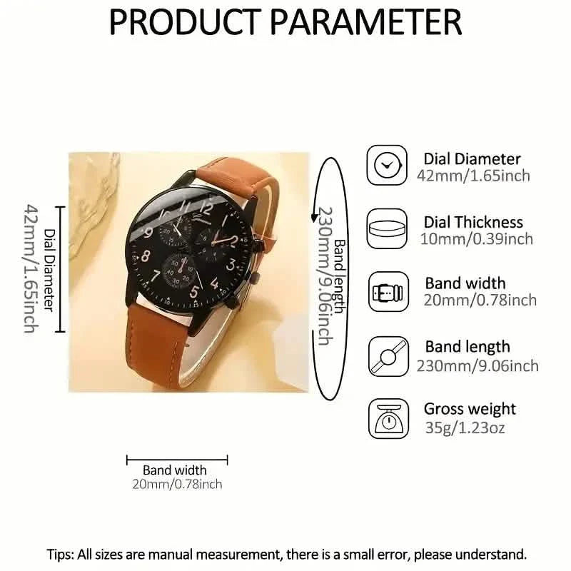 4-Pieces: Men's Fashion Brown Faux Leather Quartz Watch & Bracelet Set DailySale