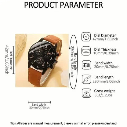 4-Pieces: Men's Fashion Brown Faux Leather Quartz Watch & Bracelet Set DailySale