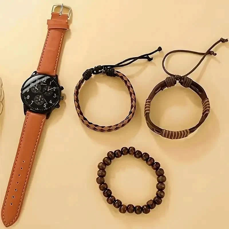 4-Pieces: Men's Fashion Brown Faux Leather Quartz Watch & Bracelet Set DailySale