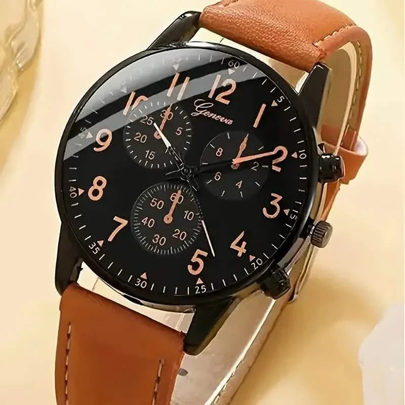4-Pieces: Men's Fashion Brown Faux Leather Quartz Watch & Bracelet Set DailySale