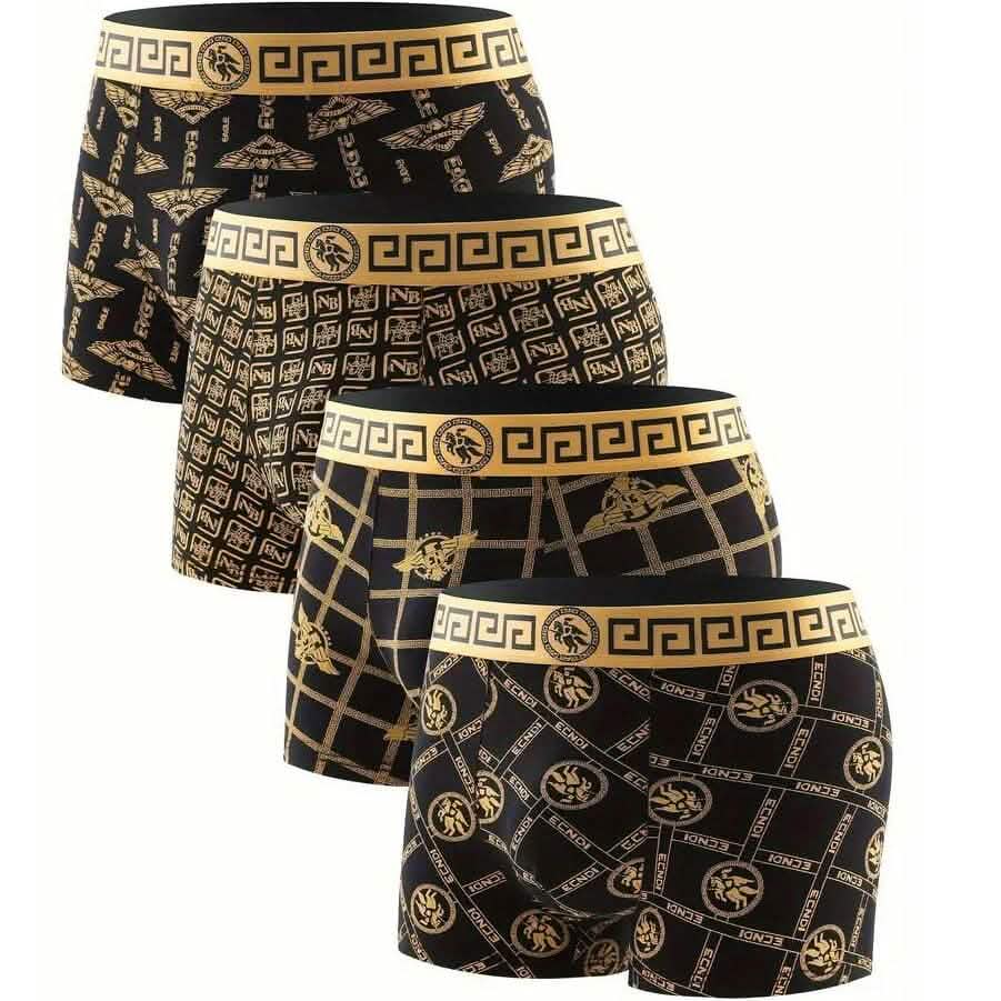 4-Pieces: Men's Luxury Black Golden Print Mid-Waist Boxer Brief DailySale