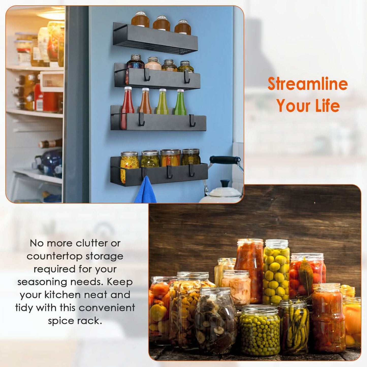 4-Pieces: Spice Rack Strong Magnetic Seasoning Storage Shelf with 8 Removable Hooks DailySale