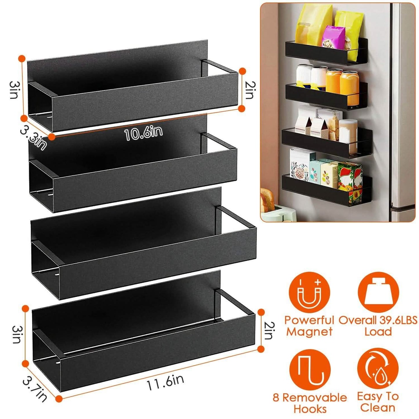 4-Pieces: Spice Rack Strong Magnetic Seasoning Storage Shelf with 8 Removable Hooks DailySale