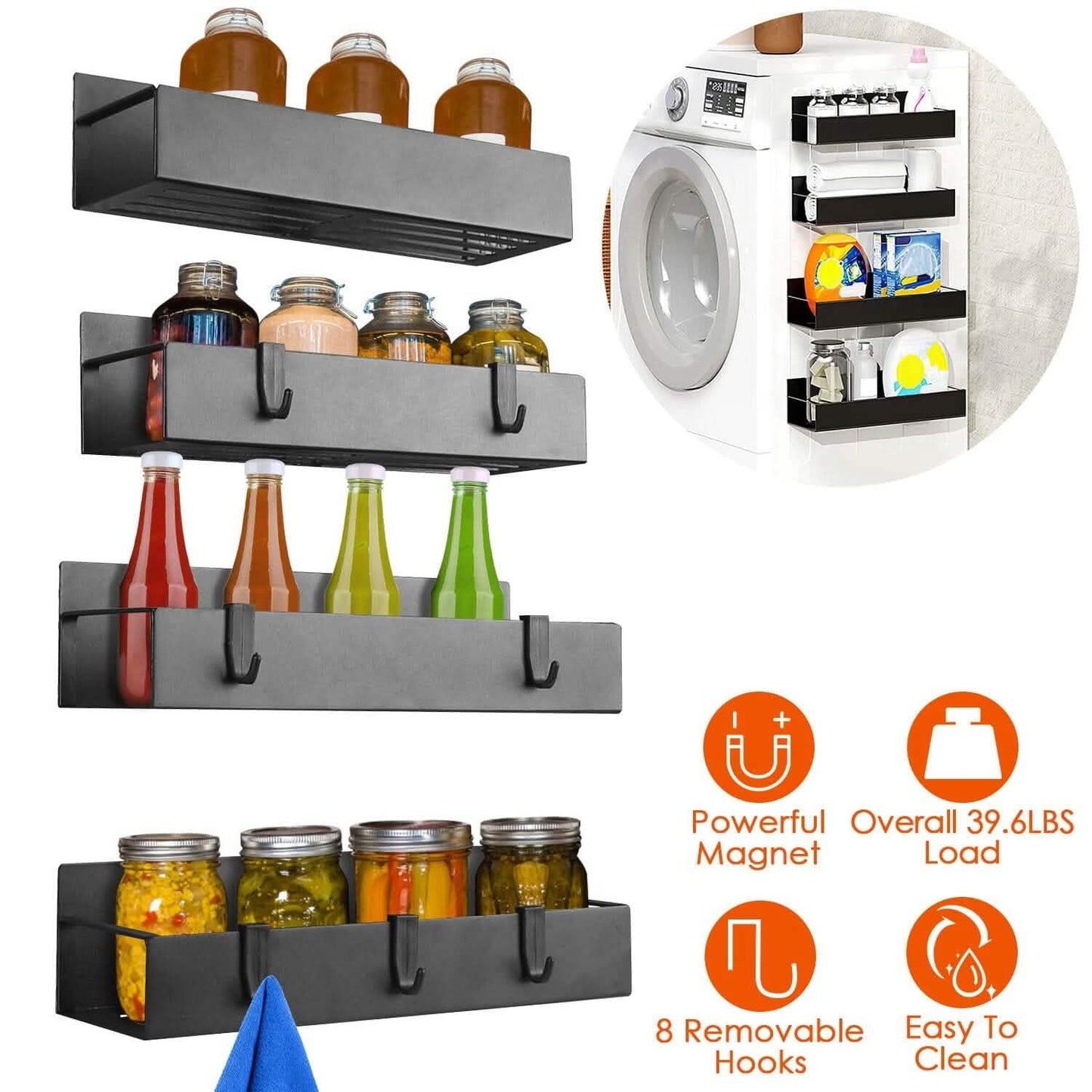 4-Pieces: Spice Rack Strong Magnetic Seasoning Storage Shelf with 8 Removable Hooks DailySale