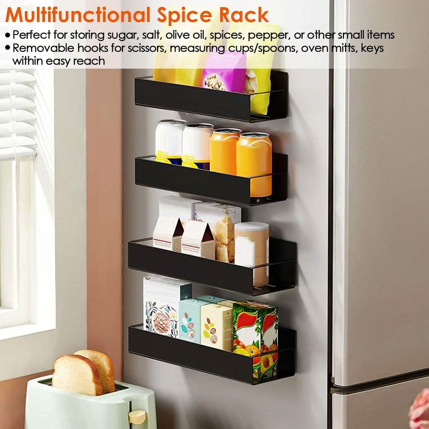 4-Pieces: Spice Rack Strong Magnetic Seasoning Storage Shelf with 8 Removable Hooks DailySale