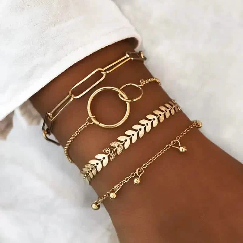 4-Pieces: Vintage Leaf Pendant Hand Chain Bracelet Set For Women DailySale