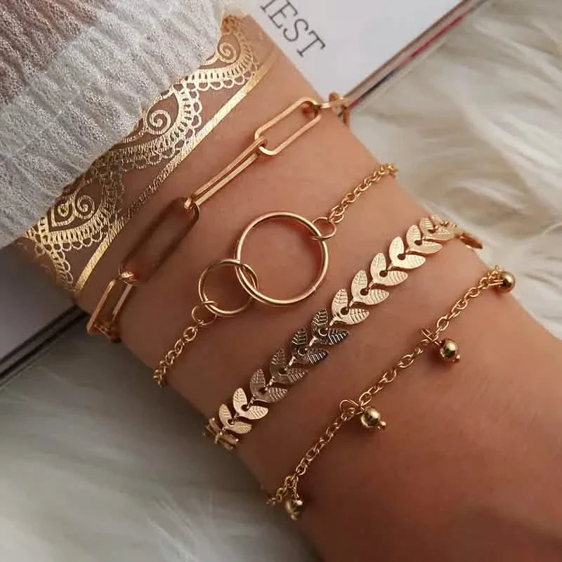 4-Pieces: Vintage Leaf Pendant Hand Chain Bracelet Set For Women DailySale