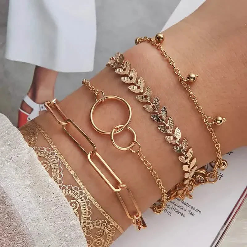 4-Pieces: Vintage Leaf Pendant Hand Chain Bracelet Set For Women DailySale