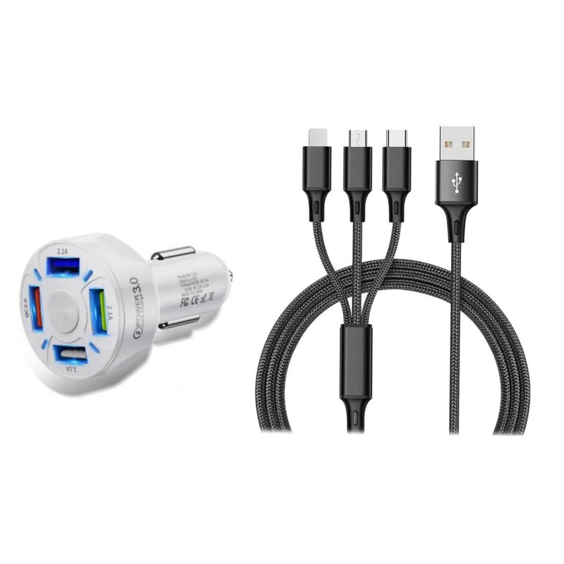 4 Port LED Car Charger + 3-in-1 Cable Combo DailySale