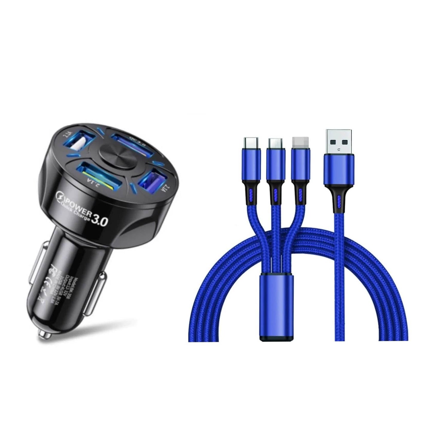 4 Port LED Car Charger + 3 in 1 Cable Combo DailySale