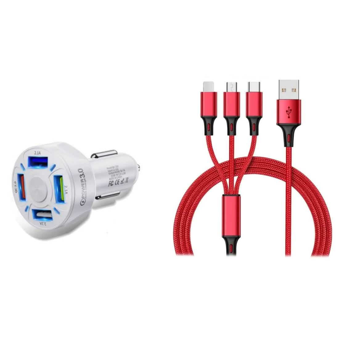 4 Port LED Car Charger + 3-in-1 Cable Combo DailySale