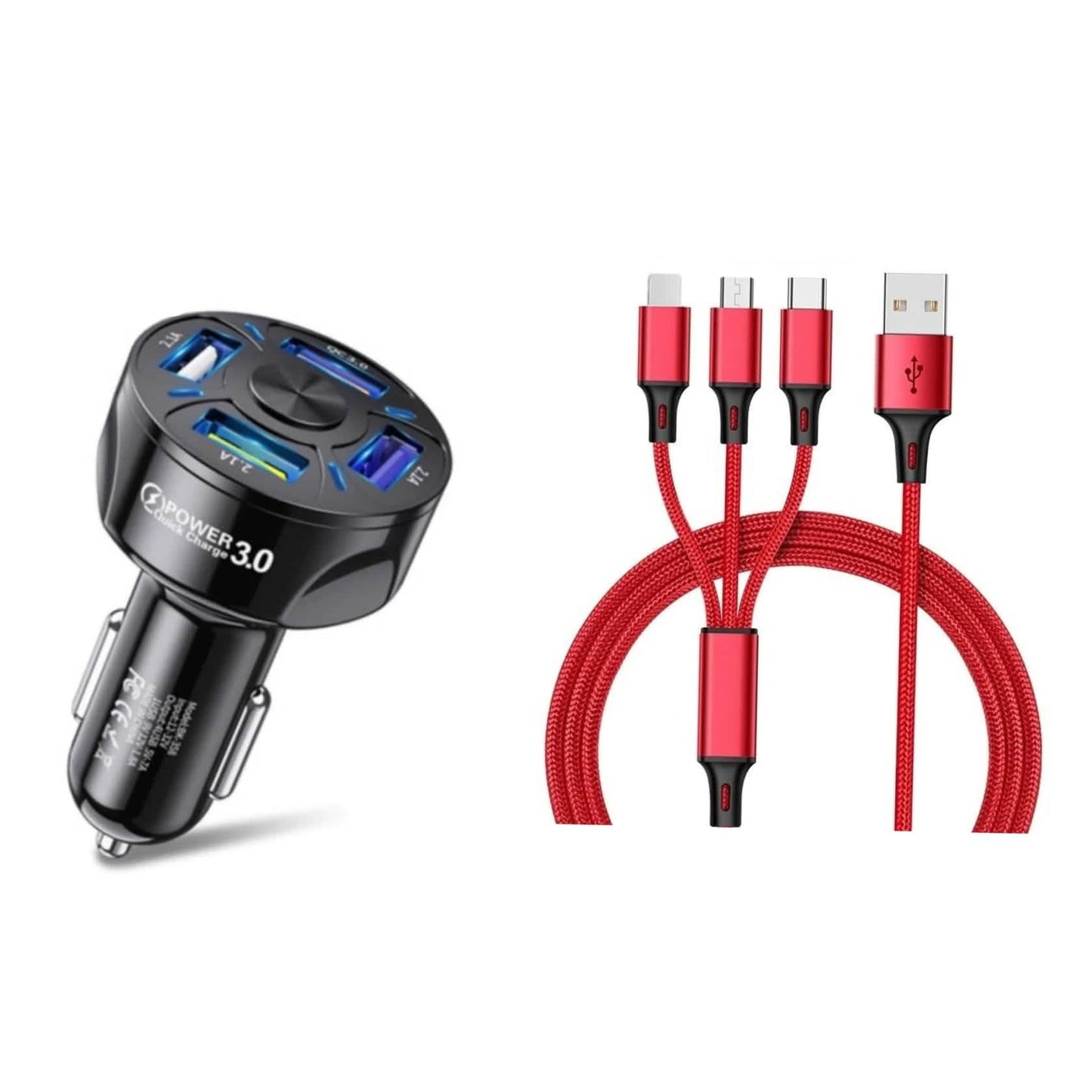 4 Port LED Car Charger + 3 in 1 Cable Combo DailySale