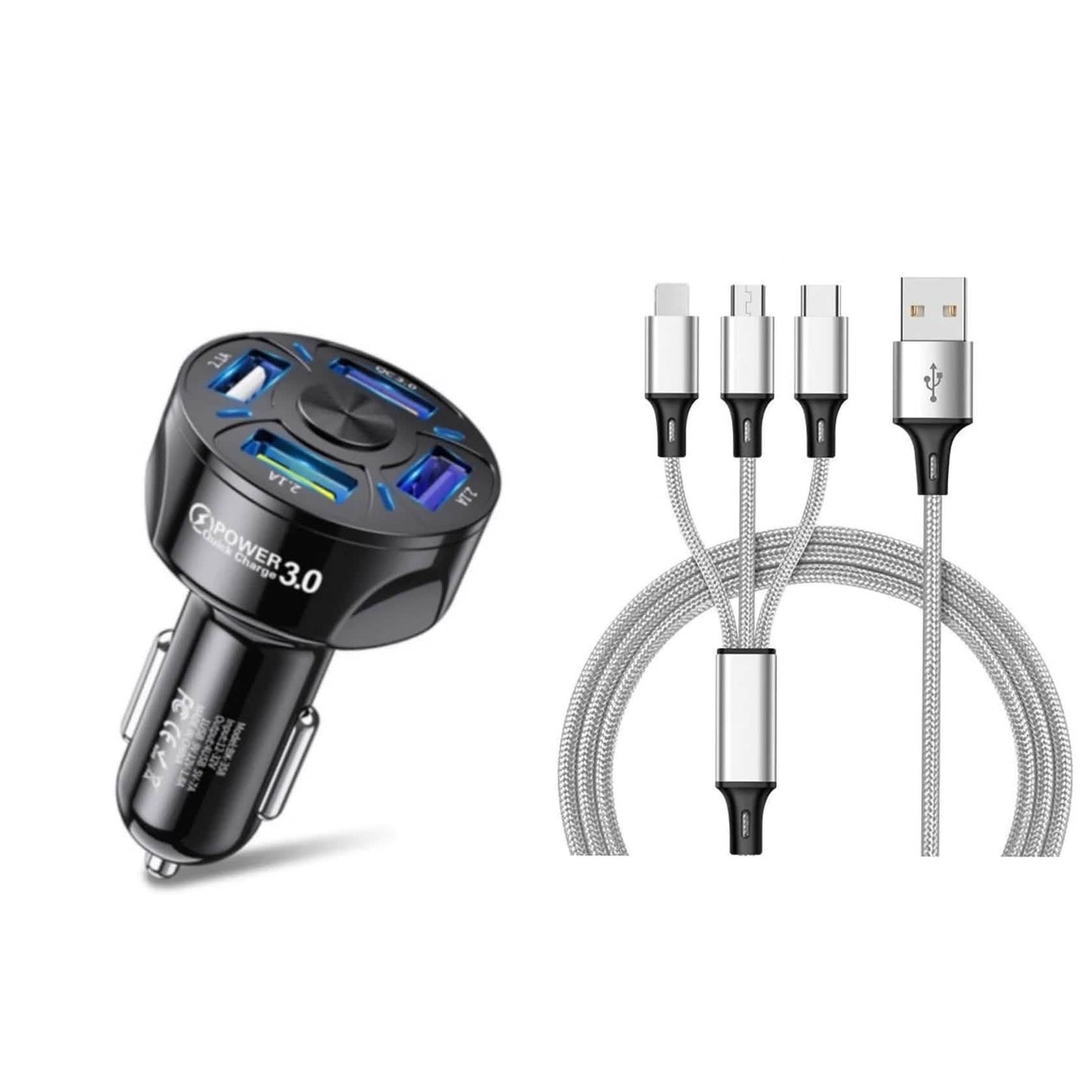 4 Port LED Car Charger + 3 in 1 Cable Combo DailySale