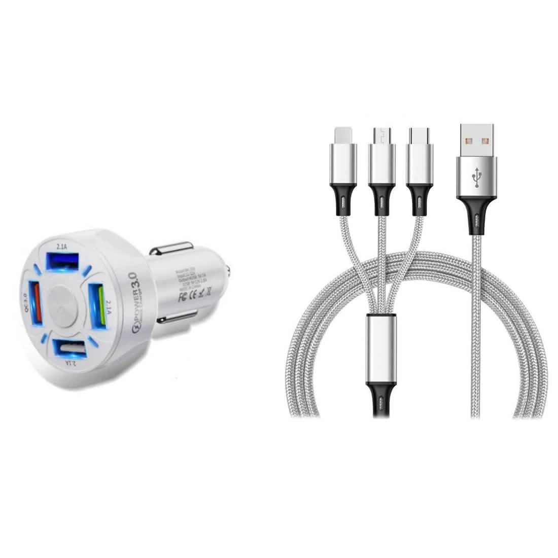 4 Port LED Car Charger + 3-in-1 Cable Combo DailySale