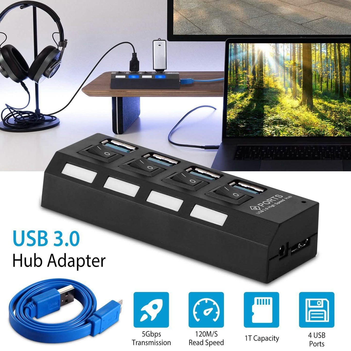 4 Port USB 3.0 Hub High Speed Adapter DailySale