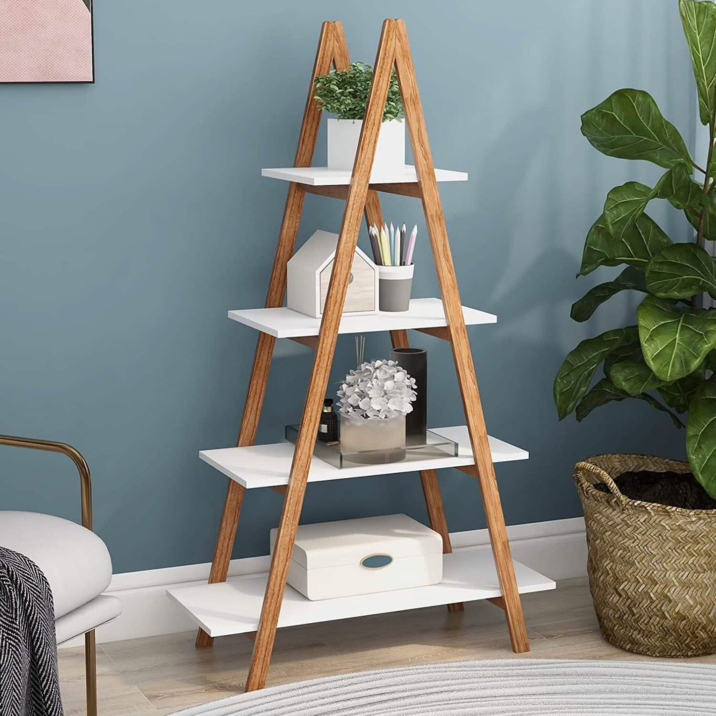 4-Tier Bookshelf Wooden Ladder Shelf Wooden Bookcase A- Shaped DailySale