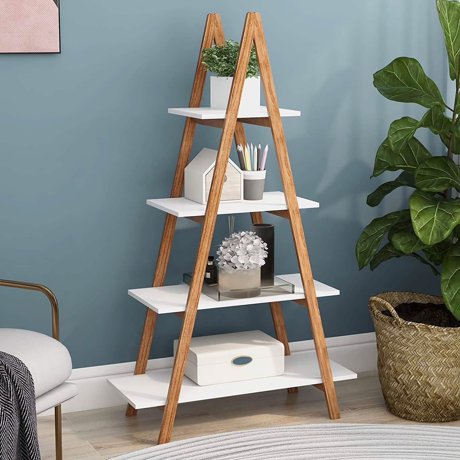 4-Tier Bookshelf Wooden Ladder Shelf Wooden Bookcase A- Shaped DailySale