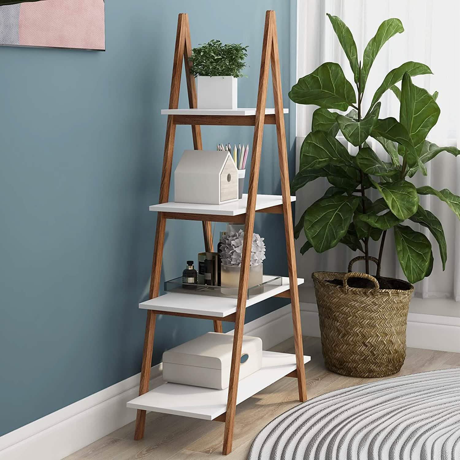 4-Tier Bookshelf Wooden Ladder Shelf Wooden Bookcase A- Shaped DailySale