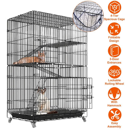 4-Tier Cat Cage with 360° Lockable Wheels, 3 Doors, 3 Ladders and 1 Hammock DailySale