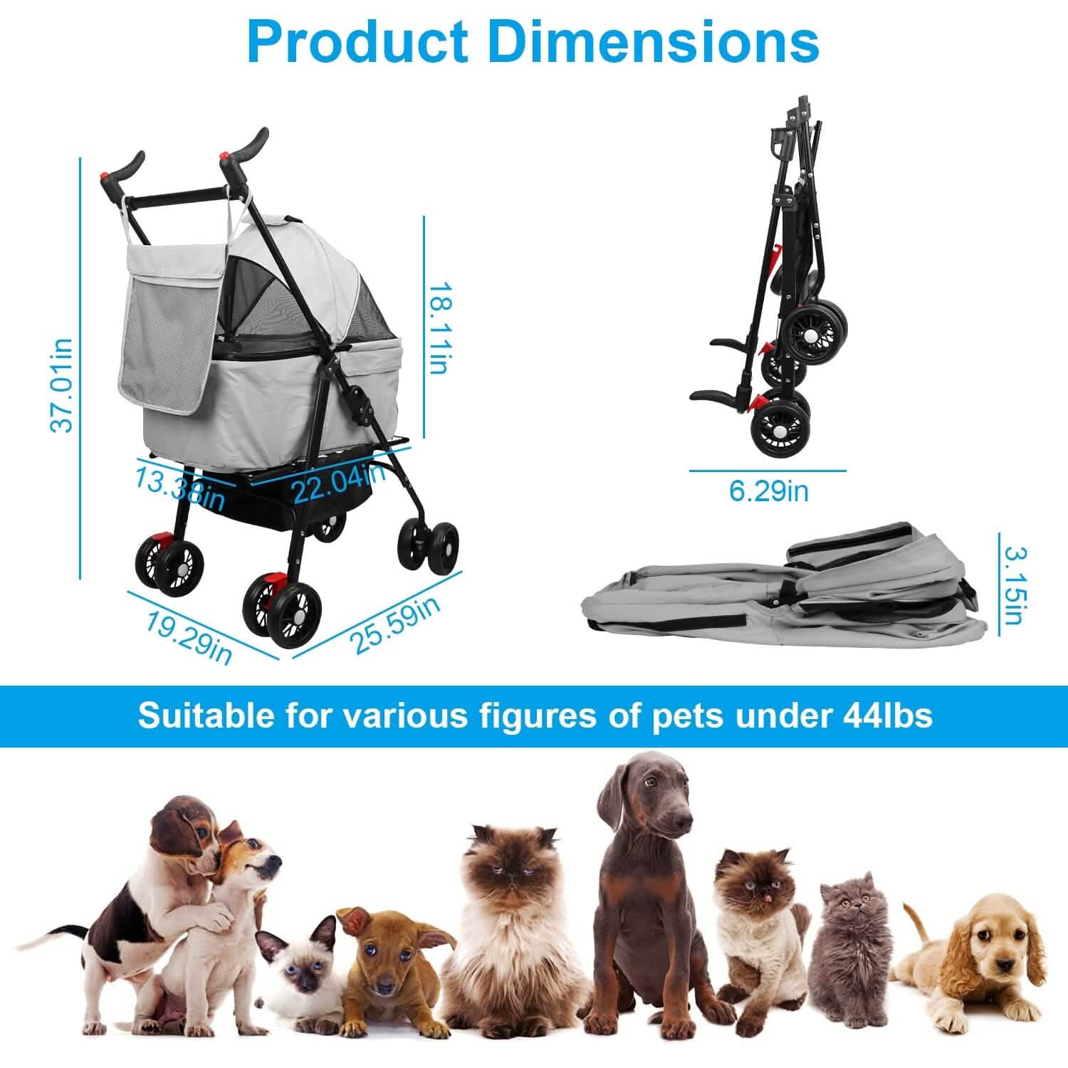 4 Wheels Pet Stroller Foldable with Removable Liner Storage Basket DailySale