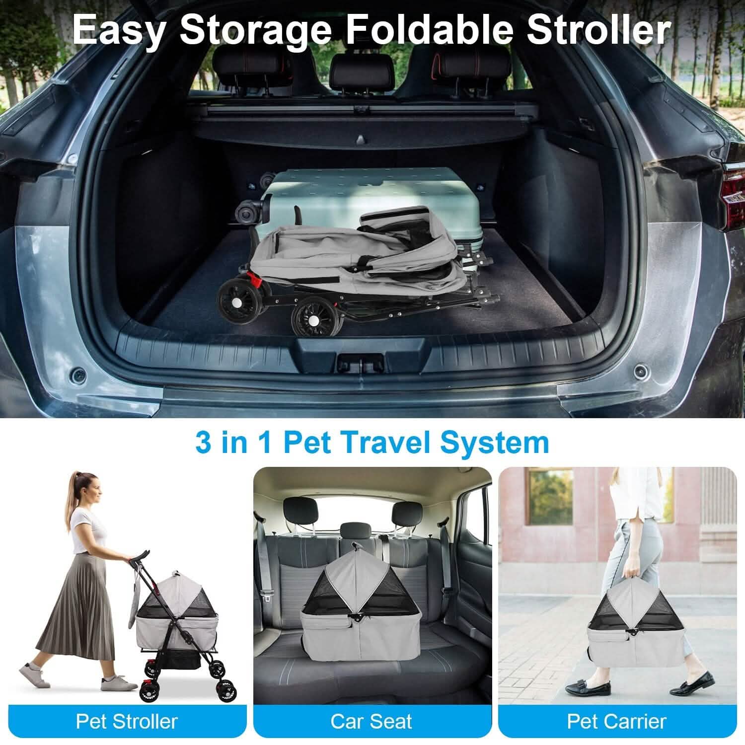 4 Wheels Pet Stroller Foldable with Removable Liner Storage Basket DailySale