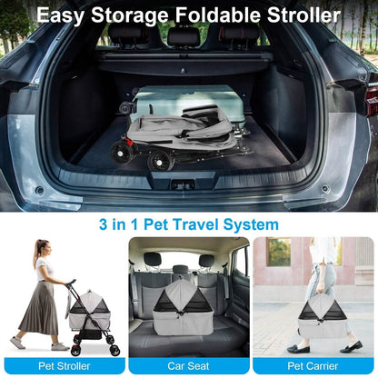 4 Wheels Pet Stroller Foldable with Removable Liner Storage Basket DailySale