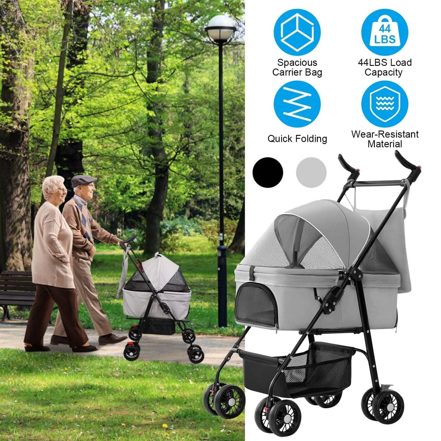 4 Wheels Pet Stroller Foldable with Removable Liner Storage Basket DailySale