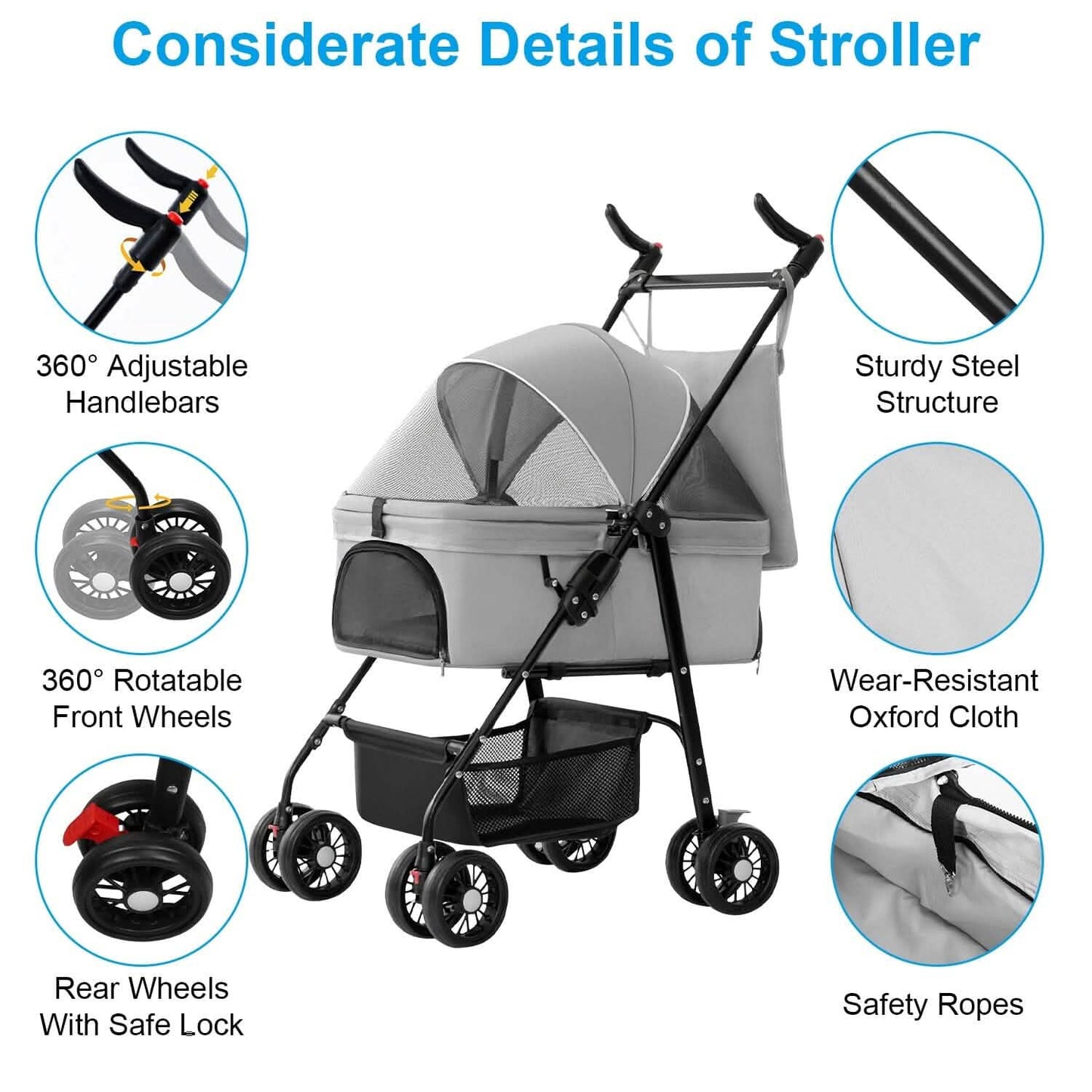 4 Wheels Pet Stroller Foldable with Removable Liner Storage Basket DailySale