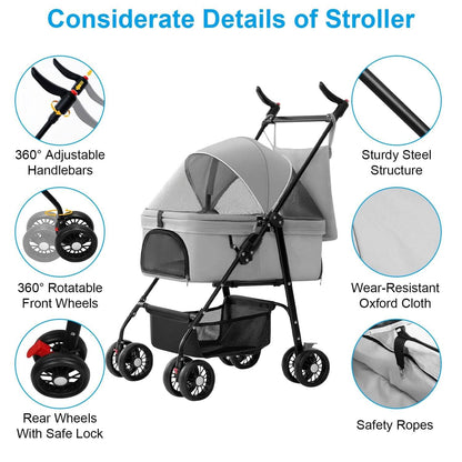 4 Wheels Pet Stroller Foldable with Removable Liner Storage Basket DailySale