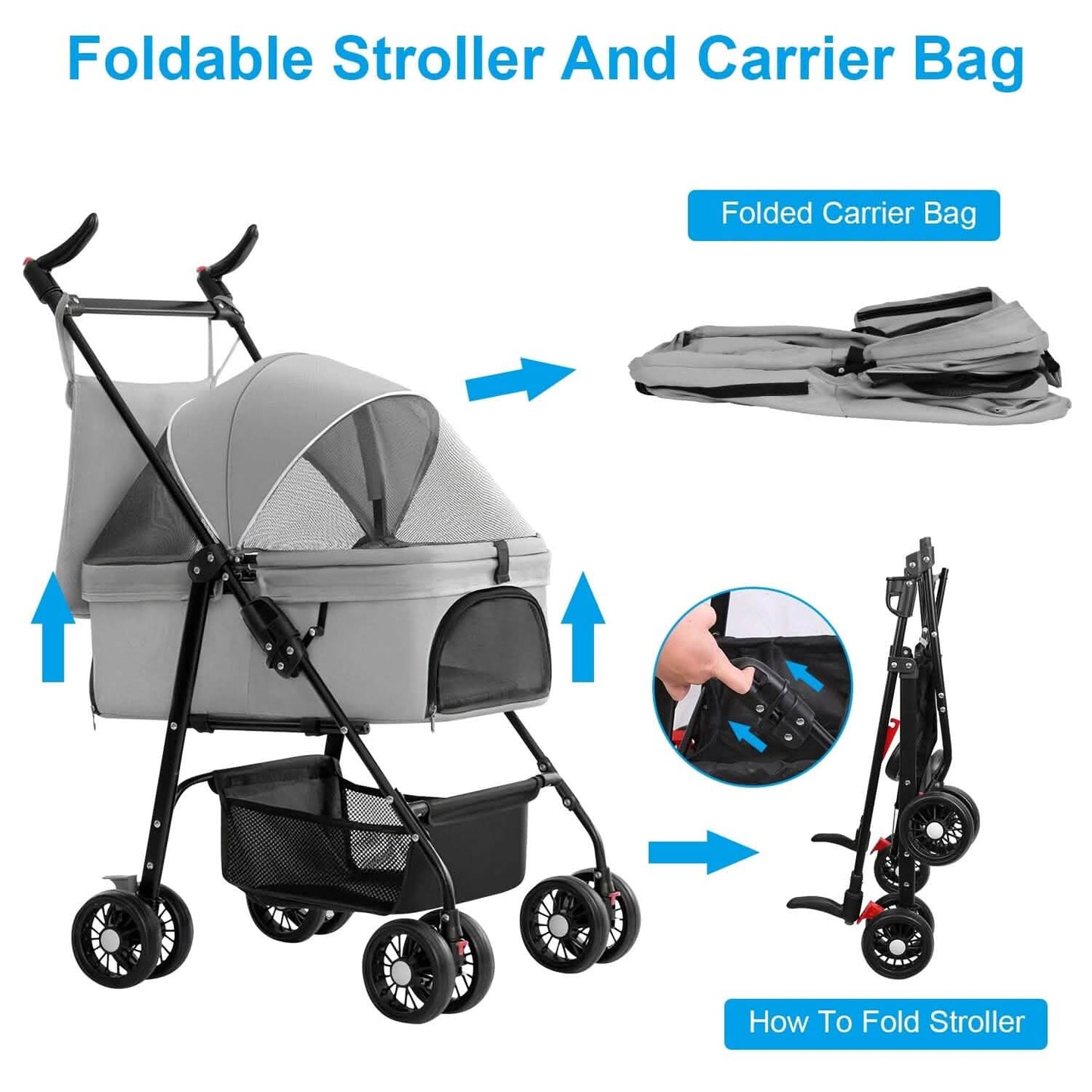 4 Wheels Pet Stroller Foldable with Removable Liner Storage Basket DailySale