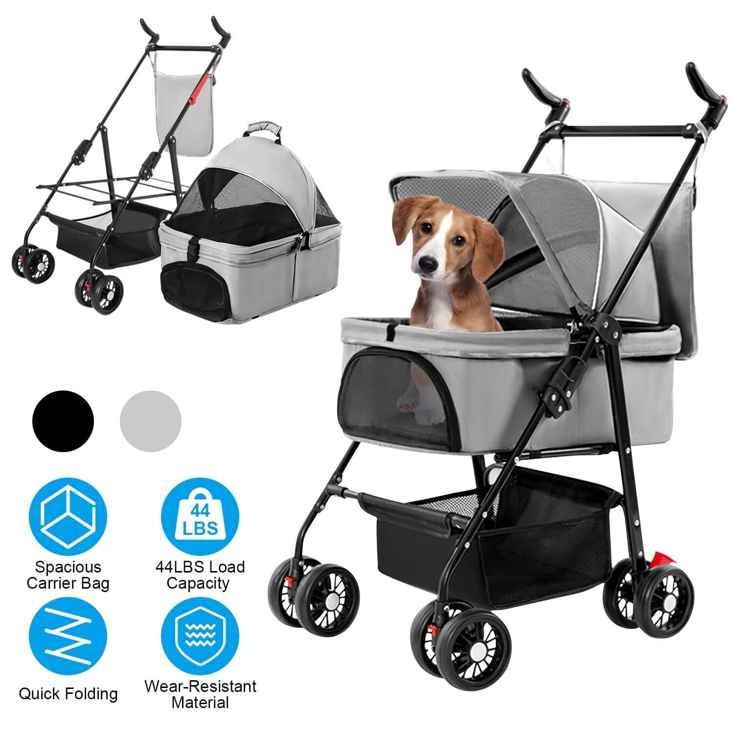 4 Wheels Pet Stroller Foldable with Removable Liner Storage Basket DailySale