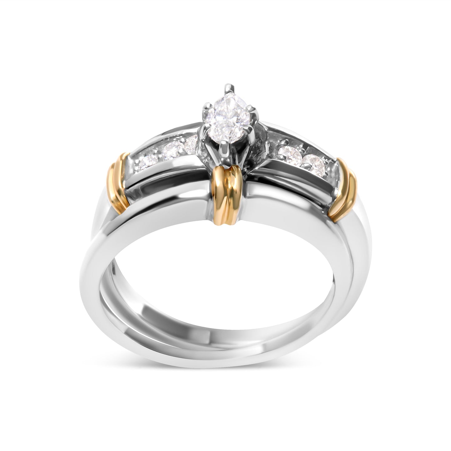 14K Yellow and White Gold 1/3 Cttw Marquise Diamond Cocktail Engagement Ring Set (H-I Color, SI1-SI2 Clarity) - Size 7 Bids.com