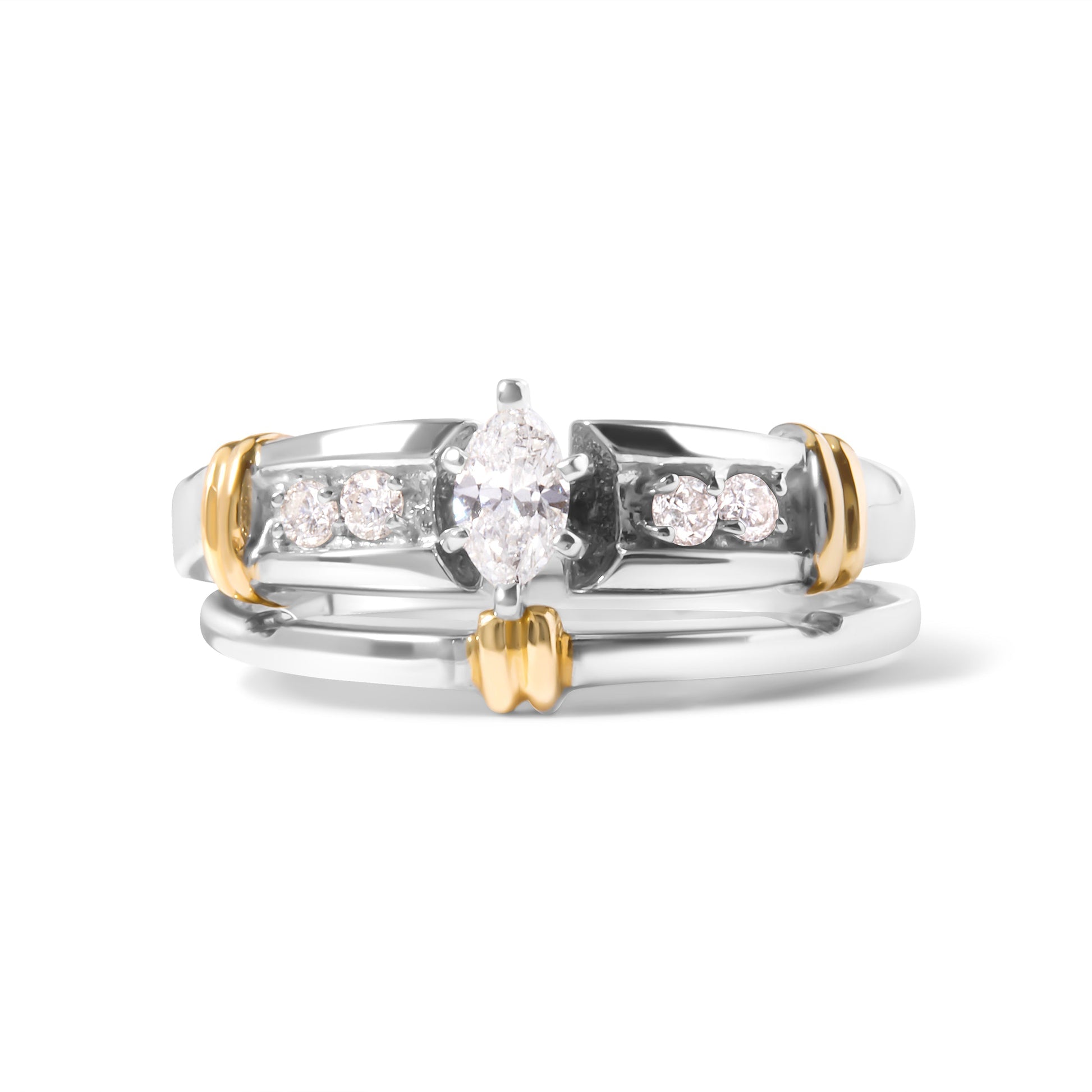 14K Yellow and White Gold 1/3 Cttw Marquise Diamond Cocktail Engagement Ring Set (H-I Color, SI1-SI2 Clarity) - Size 7 Bids.com