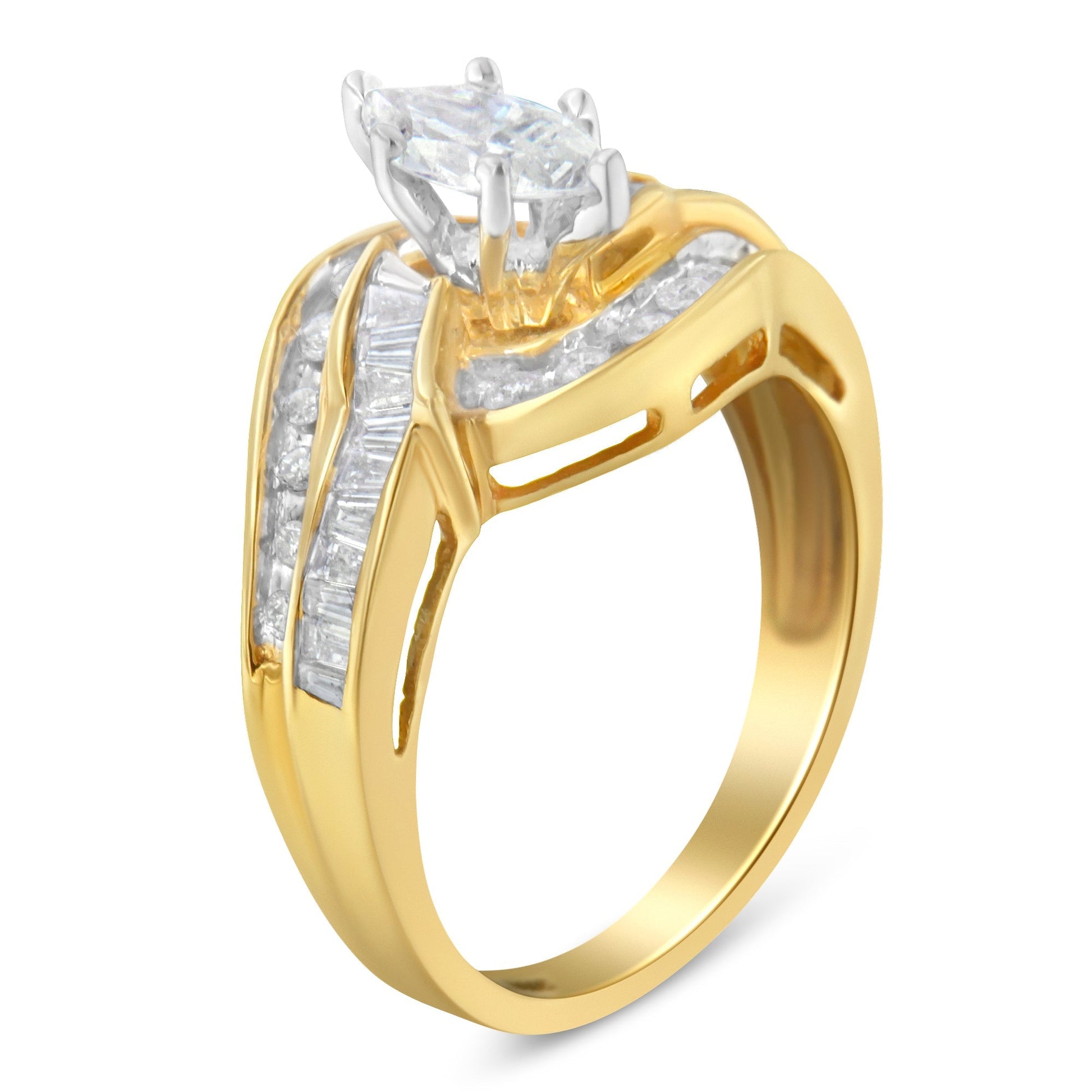 14KT Two-Toned Gold Marquise, Baguette and Round Cut Diamond Bypass Ring (1 cttw, H-I Color, SI1-SI2 Clarity) (Size 7) Bids.com