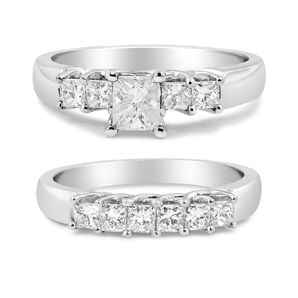 14K White Gold 1 1/2 Cttw 5 Stone Princess Diamond Engagement Wedding Ring Set (H-I Color, SI2-I1 Clarity) - Ring Size 7 Bids.com