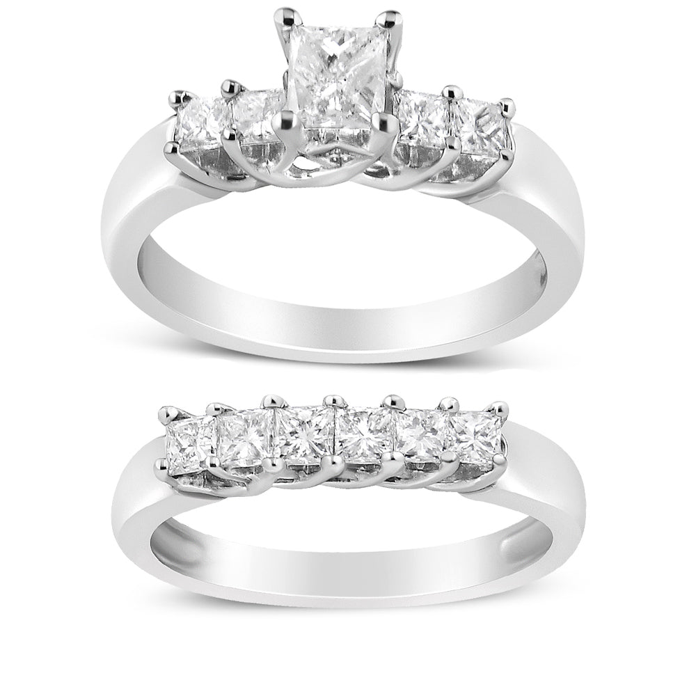 14K White Gold 1 1/2 Cttw 5 Stone Princess Diamond Engagement Wedding Ring Set (H-I Color, SI2-I1 Clarity) - Ring Size 7 Bids.com