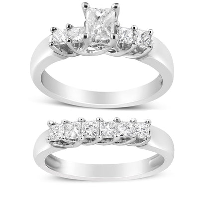 14K White Gold 1 1/2 Cttw 5 Stone Princess Diamond Engagement Wedding Ring Set (H-I Color, SI2-I1 Clarity) - Ring Size 7 Bids.com