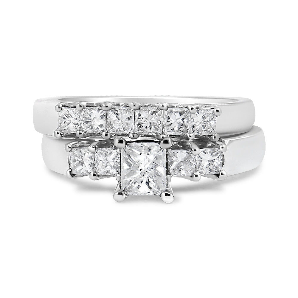 14K White Gold 1 1/2 Cttw 5 Stone Princess Diamond Engagement Wedding Ring Set (H-I Color, SI2-I1 Clarity) - Ring Size 7 Bids.com
